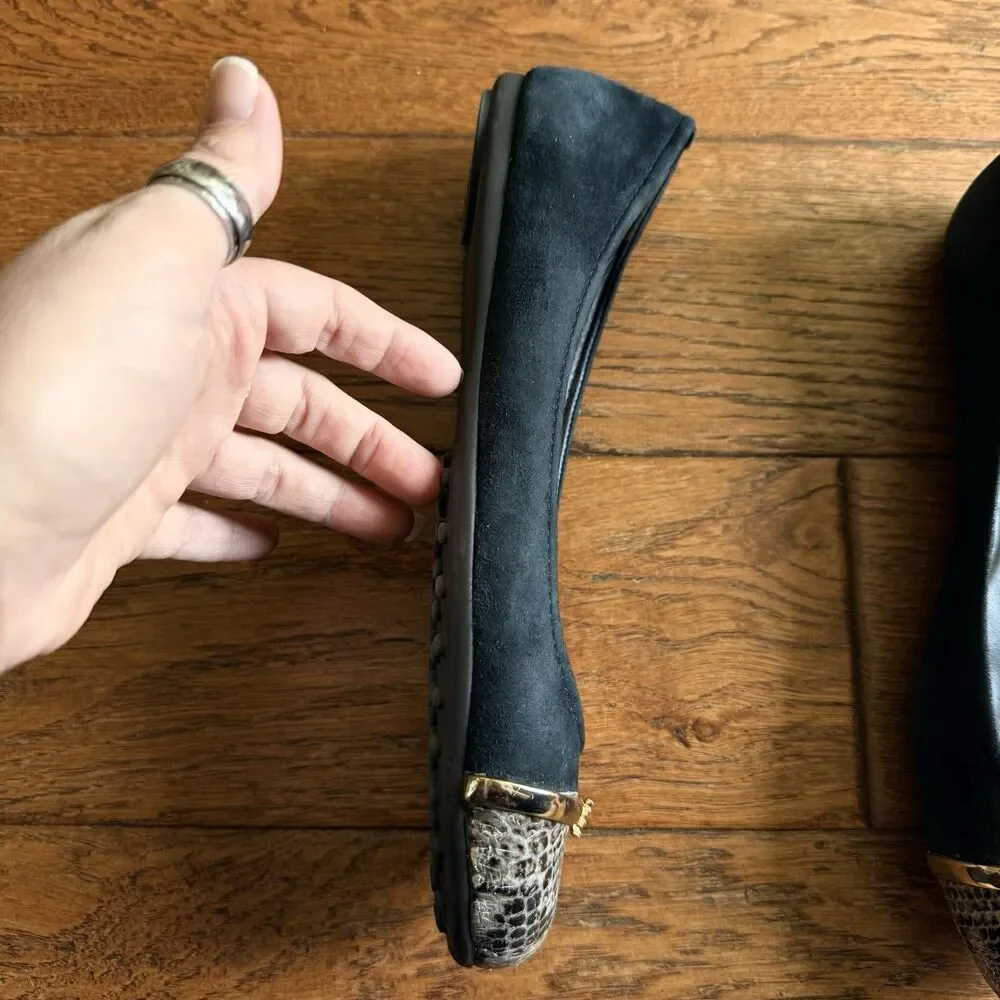 Tory Burch Pacey Driver Black Suede & Snakeskin With Gold Bar Ballet Flats 10.5